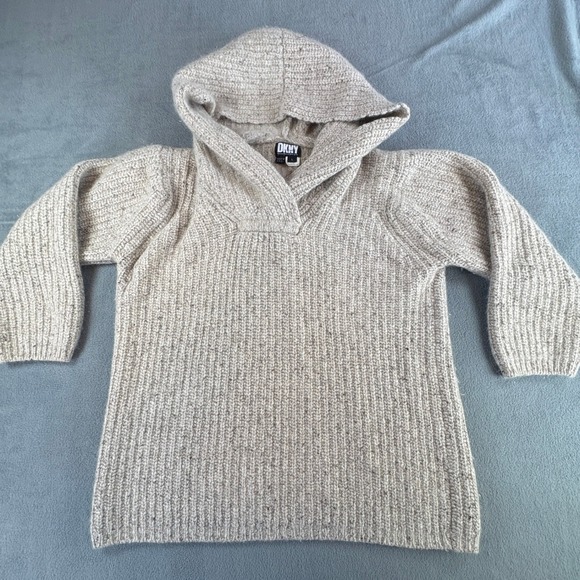 Dkny Tops - DKNY Vintage Cashmere Wool Ribbed Hoodie Sweater Beige Marl Made in USA Large